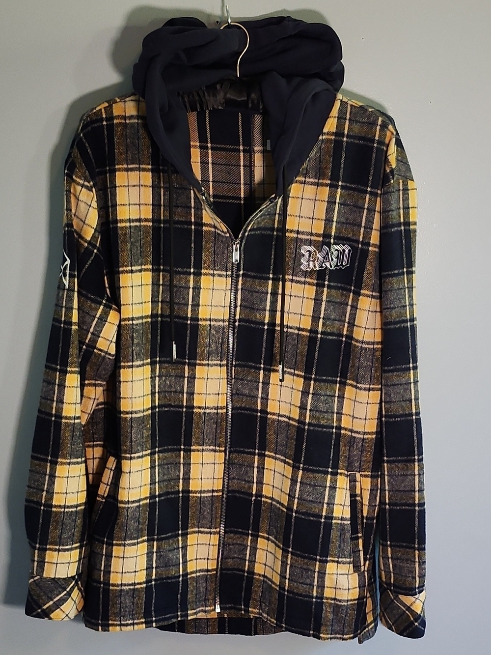 Men's Yellow & Black Plaid Hooded Zip Shirt Jacket